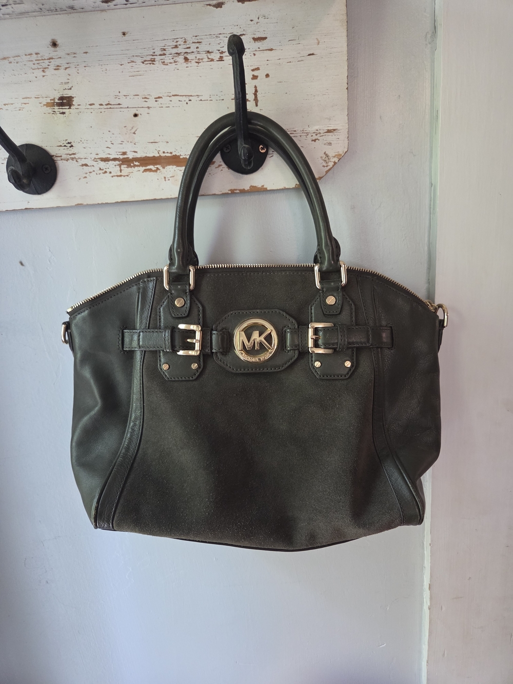 Michael Kors Olive Green Leather Satchel with Signature MK Emblem